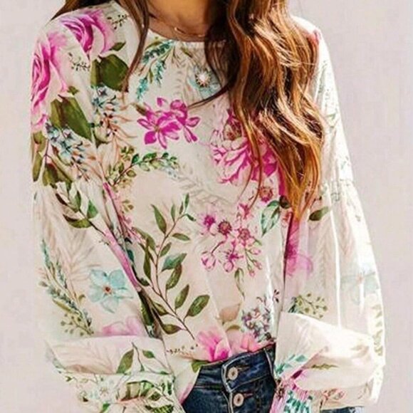 Sweaters - Multicolor Elegant Women's Floral Print Round Neck Bubble Sleeve Pullover Shirt